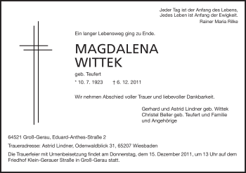 Traueranzeige von Magdalena Wittek von Rüsselsheimer Echo, Groß-Gerauer-Echo, Ried Echo
