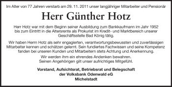 Traueranzeige von Günther Hotz von Odenwälder Echo