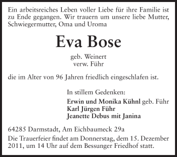 Traueranzeige von Eva Bose von Echo-Zeitungen (Gesamtausgabe)