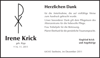 Traueranzeige von Irene Krick von Darmstädter Echo, Odenwälder Echo, Rüsselsheimer Echo, Groß-Gerauer-Echo, Ried Echo