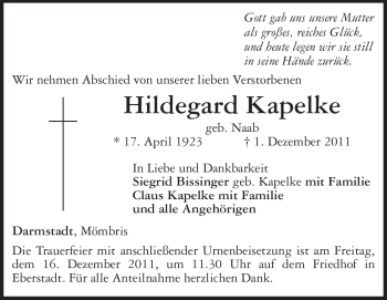 Traueranzeige von Hildegard Kapelke von Echo-Zeitungen (Gesamtausgabe)