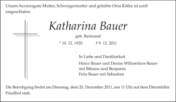 Traueranzeige von Katharina Bauer von Darmstädter Echo, Odenwälder Echo, Rüsselsheimer Echo, Groß-Gerauer-Echo, Ried Echo