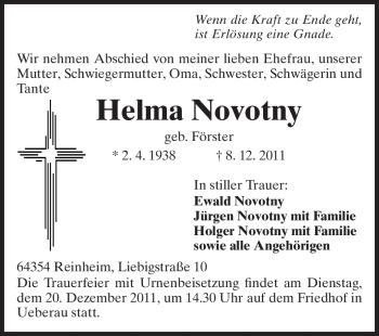 Traueranzeige von Helma Novotny von Darmstädter Echo, Odenwälder Echo, Rüsselsheimer Echo, Groß-Gerauer-Echo, Ried Echo