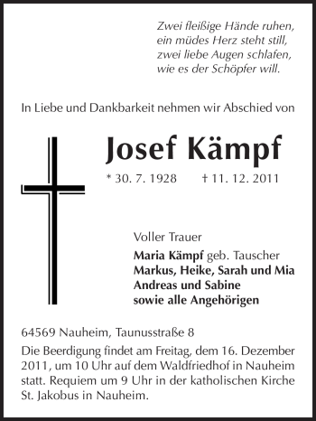 Traueranzeige von Josef Kämpf von Rüsselsheimer Echo, Groß-Gerauer-Echo, Ried Echo