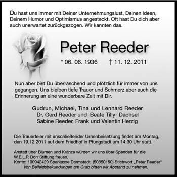 Traueranzeige von Peter Reeder von Echo-Zeitungen (Gesamtausgabe)