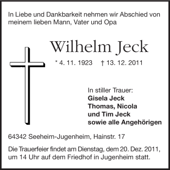 Traueranzeige von Wilhelm Jeck von Echo-Zeitungen (Gesamtausgabe)