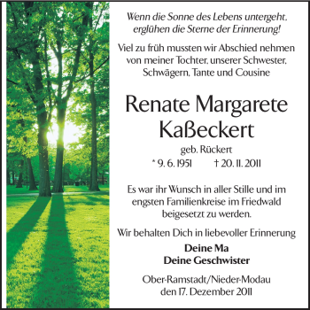 Traueranzeige von Renate Margarete Kaßeckert von Darmstädter Echo, Odenwälder Echo, Rüsselsheimer Echo, Groß-Gerauer-Echo, Ried Echo