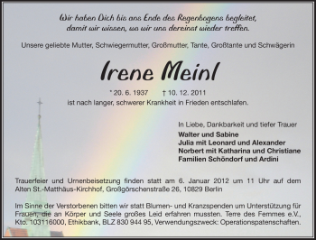 Traueranzeige von Irene Meinl von Echo-Zeitungen (Gesamtausgabe)