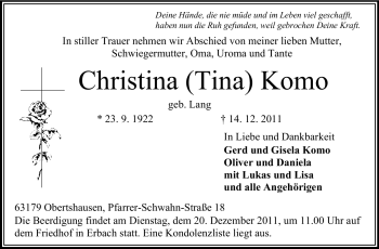 Traueranzeige von Christina Komo von Odenwälder Echo