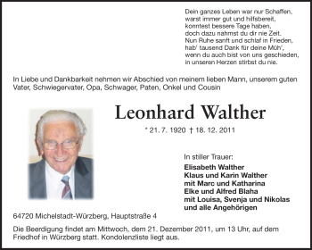 Traueranzeige von Leonhard Walther von Odenwälder Echo