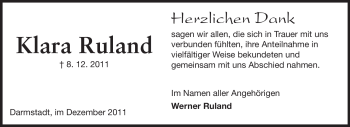 Traueranzeige von Klara Ruland von Darmstädter Echo, Odenwälder Echo, Rüsselsheimer Echo, Groß-Gerauer-Echo, Ried Echo
