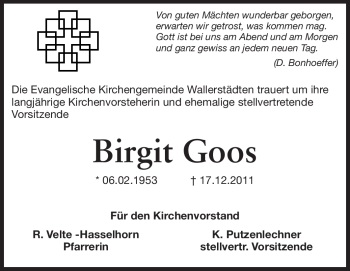 Traueranzeige von Birgit Goos von Rüsselsheimer Echo, Groß-Gerauer-Echo, Ried Echo