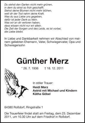 Traueranzeige von Günther Merz von Darmstädter Echo, Odenwälder Echo, Rüsselsheimer Echo, Groß-Gerauer-Echo, Ried Echo