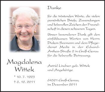 Traueranzeige von Magdalena Wittek von Rüsselsheimer Echo, Groß-Gerauer-Echo, Ried Echo