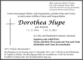 Traueranzeige von Dorothea Hupe von Odenwälder Echo