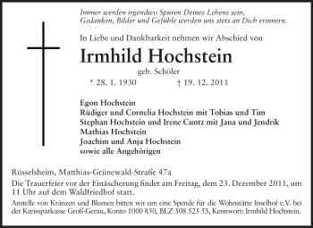 Traueranzeige von Irmhild Hochstein von Rüsselsheimer Echo, Groß-Gerauer-Echo, Ried Echo