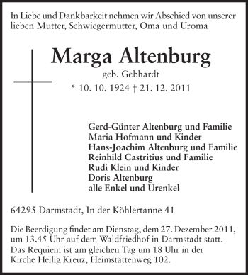 Traueranzeige von Marga Altenburg von Echo-Zeitungen (Gesamtausgabe)