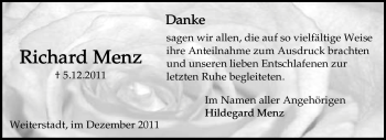 Traueranzeige von Richard Menz von Echo-Zeitungen (Gesamtausgabe)