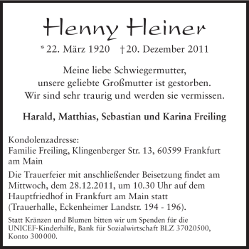 Traueranzeige von Henny Heiner von Echo-Zeitungen (Gesamtausgabe)