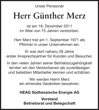 Traueranzeige von Günther Merz von Darmstädter Echo, Odenwälder Echo, Rüsselsheimer Echo, Groß-Gerauer-Echo, Ried Echo