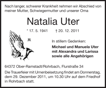 Traueranzeige von Natalia Uter von Echo-Zeitungen (Gesamtausgabe)