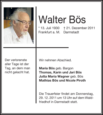 Traueranzeige von Walter Bös von Echo-Zeitungen (Gesamtausgabe)