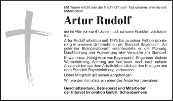 Traueranzeige von Artur Rudolf von Echo-Zeitungen (Gesamtausgabe)