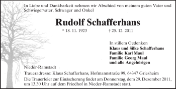Traueranzeige von Rudolf Schafferhans von Echo-Zeitungen (Gesamtausgabe)
