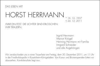 Traueranzeige von Horst Herrmann von Rüsselsheimer Echo, Groß-Gerauer-Echo, Ried Echo