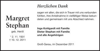 Traueranzeige von Margret Stephan von Rüsselsheimer Echo, Groß-Gerauer-Echo, Ried Echo