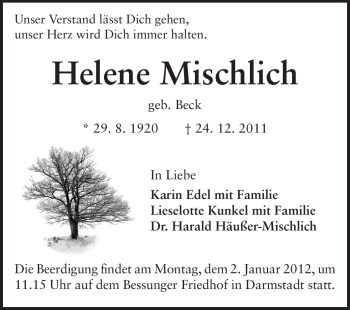 Traueranzeige von Helene Mischlich von Darmstädter Echo, Odenwälder Echo, Rüsselsheimer Echo, Groß-Gerauer-Echo, Ried Echo