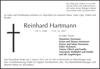 Traueranzeige von Reinhard Hartmann von Darmstädter Echo, Odenwälder Echo, Rüsselsheimer Echo, Groß-Gerauer-Echo, Ried Echo