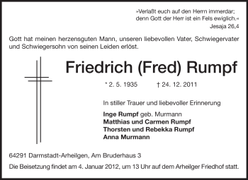 Traueranzeige von Friedrich Rumpf von Echo-Zeitungen (Gesamtausgabe)
