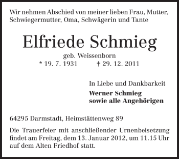 Traueranzeige von Elfriede Schmieg von Echo-Zeitungen (Gesamtausgabe)