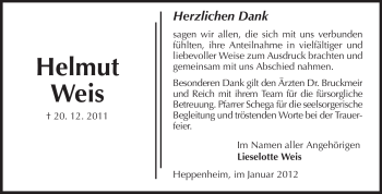 Traueranzeige von Helmut Weis von Starkenburger Echo