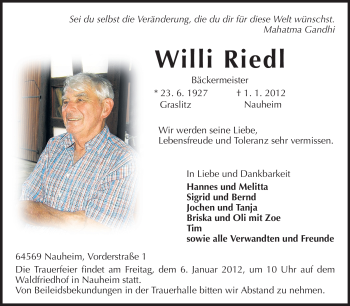 Traueranzeige von Willi Riedl von Rüsselsheimer Echo, Groß-Gerauer-Echo, Ried Echo