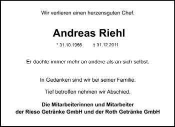 Traueranzeige von Andreas Riehl von Echo-Zeitungen (Gesamtausgabe)