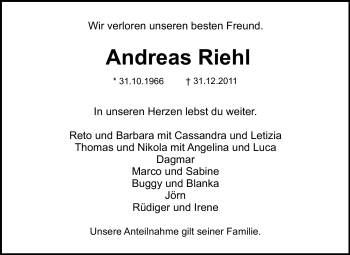 Traueranzeige von Andreas Riehl von Echo-Zeitungen (Gesamtausgabe)