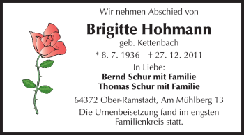 Traueranzeige von Brigitte Hohmann von Rüsselsheimer Echo, Groß-Gerauer-Echo, Ried Echo