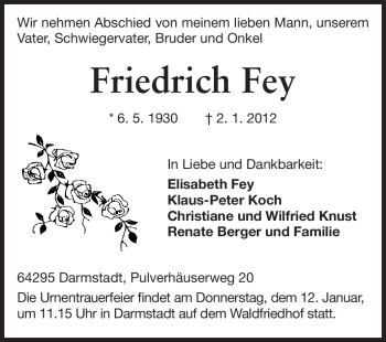 Traueranzeige von Friedrich Fey von Echo-Zeitungen (Gesamtausgabe)