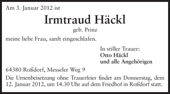 Traueranzeige von Irmtraud Häckl von Echo-Zeitungen (Gesamtausgabe)