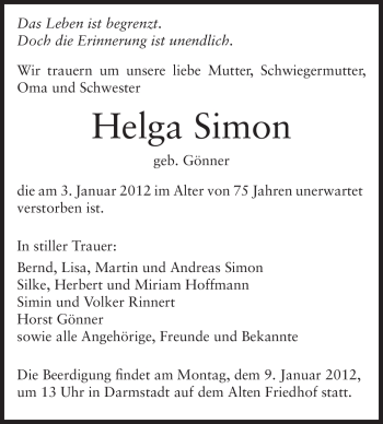 Traueranzeige von Helga Simon von Echo-Zeitungen (Gesamtausgabe)