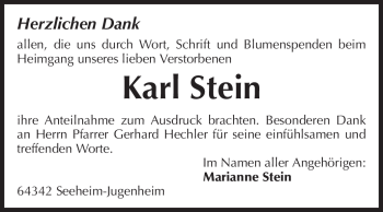 Traueranzeige von Karl Stein von Echo-Zeitungen (Gesamtausgabe)