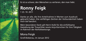 Traueranzeige von Ronny Feigk von Echo-Zeitungen (Gesamtausgabe)