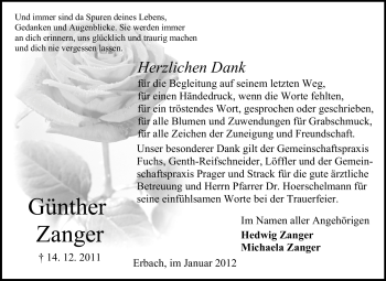 Traueranzeige von Günther Zanger von Odenwälder Echo