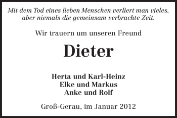Traueranzeige von Dieter Kraft von Rüsselsheimer Echo, Groß-Gerauer-Echo, Ried Echo