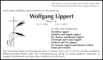 Traueranzeige von Wolfgang Lippert von Echo-Zeitungen (Gesamtausgabe)