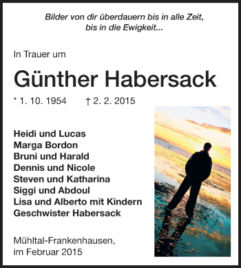 Traueranzeige von Günther Habersack von Echo-Zeitungen (Gesamtausgabe)