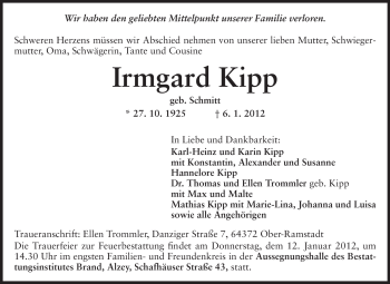 Traueranzeige von Irmgard Kipp von Echo-Zeitungen (Gesamtausgabe)