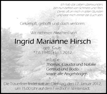 Traueranzeige von Ingrid Marianne Hirsch von Echo-Zeitungen (Gesamtausgabe)